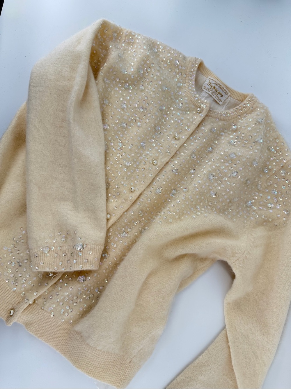 Vintage 50s 60s WIEBOLDTS Beaded Cardigan Sweater Angora Wool Cream Pearl Button